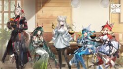  1boy 1girl 4girls animal_ear_fluff animal_ears arknights arknights:_endfield bare_shoulders belt bird_boy bird_ears bird_girl black_coat black_gloves black_pantyhose blonde_hair blue_hair blunt_bangs bodysuit cape closed_mouth coat copyright_logo copyright_notice covered_horns demon_girl demon_horns dragon_girl dragon_horns dress eastern_dragon_horns fingerless_gloves gloves gradient_pants green_eyes green_hair green_pants grey_hair hellagur_(arknights) high-waist_belt highres hood hooded_cape horns indoors jacket last_rite_(arknights) logo long_hair long_sidelocks looking_at_viewer low-tied_sidelocks mokuroh multicolored_gloves multicolored_hair multiple_girls off_shoulder official_art open_mouth pants pantyhose perlica_(arknights) pogranichnik_(arknights) pointy_ears red_cape red_eyes red_hair red_horns rossi_(arknights) sidelocks sitting sleeveless sleeveless_dress smile tail two-sided_gloves two-tone_gloves white_dress white_jacket wolf_ears wolf_girl wolf_tail yellow_eyes yellow_gloves zhuang_fangyi_(arknights) 