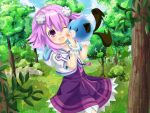  1girl :d ;d blush choujigen_game_neptune dogoo dress forest grav hair_ornament hoodie nature neptune_(choujigen_game_neptune) open_mouth purple_hair smile solo tail tail_wagging tree violet_eyes wink 