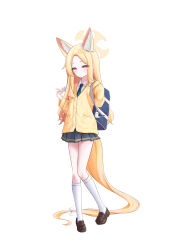  1girl absurdres alternate_costume animal_ear_fluff animal_ears backpack bag black_skirt blonde_hair blue_archive blue_bag blue_necktie bow brown_shoes cardigan closed_mouth commentary_request flower fox_ears fox_girl full_body hair_flower hair_ornament halo highres hong_su0 kneehighs long_hair long_sleeves long_tail looking_at_viewer necktie pink_eyes pleated_skirt seia_(blue_archive) shirt shoes simple_background skirt socks solo standing tail tail_bow tail_ornament very_long_hair white_background white_flower white_shirt white_socks yellow_cardigan yellow_halo 