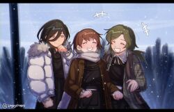  3girls :d ^_^ apron asya_shubina black_apron black_hair brown_dress brown_hair closed_eyes commentary down_jacket dress english_commentary green_eyes green_hair highres ira_grachevskaya jacket laughing letterboxed marina_kaplan multiple_girls scarf school_uniform smile smirk snowing soviet_school_uniform stoopystuppy twitter_username white_jacket white_scarf z.a.t.o._//_i_love_the_world_and_everything_in_it 