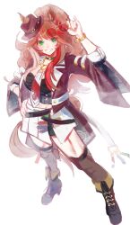  1girl adjusting_eyewear animal_ears black_boots black_shirt black_shorts black_thighhighs blush boots breasts brown_hair c4457755371329c chain_necktie choker commentary_request ears_through_headwear fedora forever_young_(racing)_(umamusume) forever_young_(umamusume) full_body green_choker green_eyes hand_on_own_hip hat highres holding holding_removed_eyewear horse_ears horse_girl jacket jewelry long_hair looking_at_viewer medium_breasts multicolored_hair necktie open_mouth purple-tinted_eyewear red-tinted_eyewear red_jacket red_streaks shirt shorts shorts_under_skirt simple_background skirt smile solo streaked_hair sunglasses thigh-highs tinted_eyewear umamusume unworn_eyewear white_background white_necktie white_skirt white_streaks 