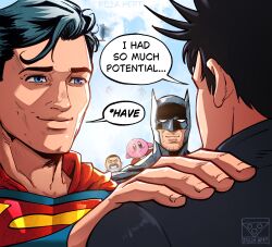  6+boys absurdres akakichi_no_eleven_redraws artist_name bat_mask batman batman_(series) blue_bodysuit bodysuit cape cowl dc_comics dragon_ball dragon_ball_z facial_hair fushiguro_megumi hand_on_another's_shoulder highres invincible_(series) jujutsu_kaisen jujutsu_tech_uniform kirby kirby_(series) meme multiple_boys mustache piccolo pizza990 red_cape spiky_hair superman superman_(series) thick_mustache thragg_(invincible) turban white_cape white_turban 