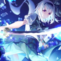  1girl ascot black_ascot black_hairband blue_flower blurry chinese_commentary collared_shirt commentary_request depth_of_field flower flower_request glint green_skirt green_vest grey_hair hairband highres hitodama hitodama_print holding holding_sword holding_weapon konpaku_youmu konpaku_youmu_(ghost) looking_at_viewer puffy_short_sleeves puffy_sleeves red_eyes shirt short_sleeves skirt skirt_set solo sword tachiarai_kuri touhou vest weapon white_shirt 