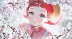  1girl absurdres achan_(a_chaniii) animification anne_of_green_gables anne_shirley apron aqua_eyes artist_logo artist_name backlighting blue_apron blunt_bangs blurry blurry_background blurry_foreground blush braid branch bug buttons cherry_blossoms collared_shirt commentary dated english_commentary fingernails flower foliage freckles hand_up hat highres holding holding_flower ladybug lens_flare logo looking_at_viewer loose_hair_strand low_twin_braids open_mouth outdoors partially_shaded_face petals portrait raised_eyebrows red_hair red_shirt shade shirt smile solo straw_hat sunlight twin_braids water_drop white_flower white_petals wind 