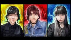  3girls aegyo_sal black_hair black_jacket black_necktie black_shirt black_vest blue_background blue_eyes blue_jacket blue_shirt brown_eyes brown_hair choker clenched_teeth closed_eyes closed_mouth commentary girls_band_cry highres iseri_nina jacket kawaragi_momoka load_bearing_vest long_hair looking_at_viewer mole mole_on_neck multiple_girls necktie o-ring o-ring_choker photo-referenced real_life red_background rina_(voice_actor) rupa_(girls_band_cry) shirt short_hair shuri_(voice_actor) suru_(seiya) teeth untranslatable_commentary upper_body vest voice_actor voice_actor_connection yuri_(voice_actor) 