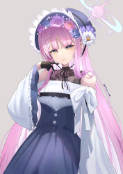  1girl absurdres alternate_costume alternate_hairstyle black_gloves blue_archive blue_dress blue_flower blue_hat blush closed_mouth commentary_request dress flower gloves hair_flower hair_ornament halo hat highres long_hair looking_at_viewer mika_(blue_archive) off-shoulder_dress off_shoulder partial_commentary pink_flower pink_hair pink_halo see-through_cleavage see-through_clothes solo toriaki very_long_hair yellow_eyes 