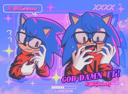  1boy ? alternate_costume alternate_hairstyle black_eyes blush commentary czy_(2894456992) frown furry furry_male glasses gloves loading_icon male_focus open_mouth red_sweater sonic_(series) sonic_the_hedgehog sweater tearing_up turtleneck turtleneck_sweater twitter_username wavy_mouth white_gloves 
