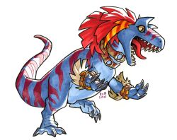  absurdres allomon blue_skin claws colored_skin digimon digimon_(creature) dinosaur highres horns no_humans open_mouth railroadlion sharp_teeth signature simple_background solo tail teeth tongue white_background 
