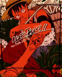  1boy backpack bag birthday black_hair bone commentary_request happy_birthday hat highres jolly_roger larugo0513 looking_at_viewer male_focus monkey_d._luffy one_piece outdoors sandals scar scar_on_face short_hair shorts signature smile straw_hat straw_hats_jolly_roger title 
