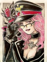 1boy 1girl black_choker black_coat black_gloves breasts choker cleavage coat collar collarbone commentary_request cross cross_necklace curly_hair gloves hat highres hikounin_sentai_akibaranger holding holding_removed_eyewear jewelry lab_coat large_breasts long_sleeves maruseena necklace peaked_cap purple_hair sketch super_sentai tinted_eyewear unworn_eyewear upper_body yellow-tinted_eyewear