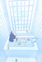 1girl adversarial_noise alt_text animal_ears bathing bathroom bathtub black_hair blonde_hair blunt_bangs cat_ears cat_girl closed_eyes commentary english_commentary evilfrap faucet highres mismatched_animal_ear_colors multicolored_hair original rubber_duck solo split-color_hair two-tone_hair wet wet_hair window 