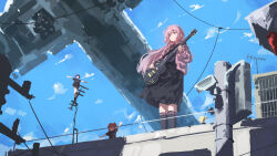  4girls absurdres antennae awoodden balancing black_shirt black_skirt black_thighhighs blonde_hair blue_eyes blue_hair blue_sky bocchi_the_rock! clouds cloudy_sky commentary english_commentary gotoh_hitori guitar guitar_strap hair_between_eyes highres holding holding_guitar holding_instrument ijichi_seika instrument jacket kita_ikuyo long_hair looking_ahead medium_hair multiple_girls open_mouth pink_hair pink_jacket playing_guitar playing_instrument power_lines red_hair security_camera shirt shorts side_ponytail skirt sky t-pose thigh-highs very_long_hair wide_shot wind yamada_ryo 
