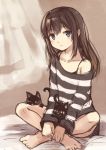  1girl black_cat black_hair blue_eyes cat highres indian_style kyuri long_hair off_shoulder original parted_lips sitting sketch solo striped 