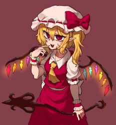  1girl ascot back_bow blonde_hair bow breasts collared_shirt commentary_request crystal crystal_wings fang fingernails flandre_scarlet frilled_shirt_collar frilled_wrist_cuffs frills hair_between_eyes hat hat_bow highres holding holding_weapon laevatein_(touhou) long_fingernails long_hair mob_cap multicolored_wings one_side_up open_mouth pointy_ears puffy_short_sleeves puffy_sleeves rampa93 red_background red_bow red_eyes red_nails red_skirt red_vest red_wrist_cuffs sharp_fingernails shirt short_sleeves simple_background skin_fang skirt skirt_set sleeve_bow slit_pupils small_breasts smile solo touhou vest weapon white_bow white_hat white_shirt wings wrist_cuffs yellow_ascot 