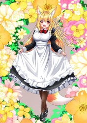  1girl :d absurdres animal_ear_fluff animal_ears apron black_dress black_pantyhose black_shoes blonde_hair breasts bush commentary_request dress floral_background flower fox_ears fox_girl fox_tail frilled_apron frills full_body hair_between_eyes highres holding_own_dress juliet_sleeves large_breasts long_sleeves looking_at_viewer maid open_mouth orange_flower original pantyhose pink_flower puffy_sleeves red_eyes shoes signature smile solo standing tail uma_(uma_mohumohu) white_apron white_flower yellow_flower 