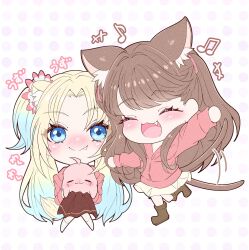  2girls :3 :d ^_^ animal animal_ears animalization anyoji_hime anyoji_hime_(seal) blonde_hair bloom_garden_party_jacket blue_eyes blue_hair boots brown_boots brown_dress brown_hair cat_ears cat_girl cat_tail chibi chibi_only closed_eyes commentary_request curtained_hair dress flower fujishima_megumi full_body gradient_hair hair_flower hair_ornament hasu_no_sora_school_uniform highres holding holding_animal jacket kemonomimi_mode kentotto long_hair long_sleeves love_live! love_live!_hasu_no_sora_jogakuin_school_idol_club love_live!_hasu_no_sora_jogakuin_school_idol_club_bloom_garden_party mira-cra_park! multicolored_hair multiple_girls open_mouth osawa_rurino parted_bangs pink_jacket pleated_dress polka_dot polka_dot_background purple_background sailor_dress school_uniform seal_(animal) smile tail twintails two_side_up virtual_youtuber white_dress winter_uniform 