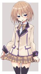  1girl blanc_(neptunia) blue_eyes blush bow bowtie brown_hair coat four_goddesses_online:_cyber_dimension_neptune gekijigen__blanc_+_neptune_vs_zombie_gundan highres iwashi_dorobou_-r- loli naughty_face neptune_(series) plaid_bow plaid_bowtie plaid_clothes plaid_skirt short_hair simple_background skirt thigh-highs 