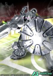  artist_request bandai building copyright_notice glowing glowing_eye gundam gundam_arsenal_base gundam_gquuuuuux gyan_(gquuuuuux) lance landing_bay lens_flare logo mecha mecha_focus missile_pod mixed-language_text mobile_suit night no_humans official_art one-eyed polearm radio_antenna robot scene_reference science_fiction shield space_habitat title weapon zeon 