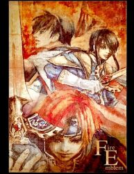  3boys binding_blade_(weapon) blue_cape blue_hair blue_headband blue_jacket cape commentary_request copyright_name expressionless facing_away fingerless_gloves fire_emblem fire_emblem:_genealogy_of_the_holy_war fire_emblem:_shadow_dragon_and_the_blade_of_light fire_emblem:_the_binding_blade gloves hachi_(hachinoko) headband holding holding_sword holding_weapon jacket long_hair looking_at_viewer low_ponytail male_focus marth_(fire_emblem) multiple_boys partially_shaded_face ponytail profile red_cape red_hair roy_(fire_emblem) seliph_(fire_emblem) short_hair sword traditional_media two-sided_cape two-sided_fabric tyrfing_(fire_emblem) weapon white_gloves white_headband 