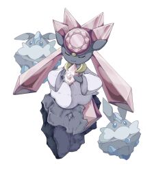 avocado_539 blue_eyes blue_gem carbink closed_eyes closed_mouth colored_skin crystal_hair diamond_(gemstone) diancie full_body gem grey_skin highres looking_at_viewer pink_gem pink_hair pointy_ears pokemon pokemon_(creature) pokemon_focus shirt simple_background solo white_background white_shirt 