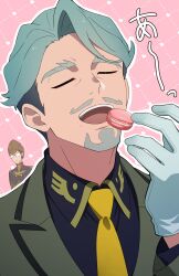  2boys :d absurdres beard black_shirt brown_hat challia_bull character_request choco_(chocovix112) closed_eyes collared_shirt dotted_line eating facial_hair food glasses gloves grey_gloves grey_hair grey_jacket grid_background gundam gundam_gquuuuuux hat heart highres jacket long_sleeves macaron male_focus multiple_boys mustache necktie opaque_glasses outline pink_background shirt smile solo_focus upper_body white_outline yellow_necktie 