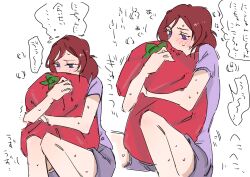  1girl blush commentary_request highres hugging_object implied_yuri love_live! love_live!_school_idol_project medium_hair multiple_views nishikino_maki purple_shirt purple_shorts red_hair shirt shorts simple_background stuffed_tomato surfacedxxc sweat translation_request violet_eyes white_background 