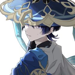  1boy adam's_apple armor black_bodysuit black_hair blue_cape blue_hat blue_jingasa blunt_ends bodysuit bright_pupils cape closed_mouth from_behind furisode genshin_impact gold gold_trim hand_up hat highres japanese_armor japanese_clothes jingasa kimono kote kurokote looking_at_viewer looking_back male_focus multicolored_hair pale_skin purple_hair scaramouche_(genshin_impact) side_cape sidelighting solo streaked_hair sweatdrop tsurime tubakineco2006 turtleneck turtleneck_bodysuit variant_set violet_eyes wanderer_(genshin_impact) white_background white_kimono white_pupils 