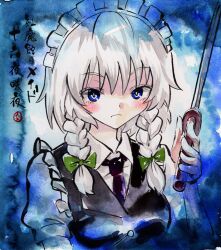  1girl black_vest blue_background bow braid closed_mouth collared_shirt commentary_request dagger frown green_bow grey_hair hair_bow highres holding holding_dagger holding_knife holding_weapon izayoi_sakuya kabaji knife looking_at_viewer maid maid_headdress necktie one-hour_drawing_challenge purple_necktie shirt solo touhou traditional_media translation_request twin_braids upper_body vest weapon white_shirt 