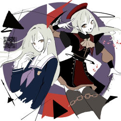  2girls ascot bang_dream! bang_dream!_it's_mygo!!!!! black_skirt blue_shirt commentary dated_commentary dual_persona green_hair grey_neckerchief hat highres long_hair long_sleeves mortis_(bang_dream!) mortis_(costume)_(bang_dream!) mortis_(persona)_(bang_dream!) multiple_girls neckerchief open_mouth qr_code red_hat school_uniform shirt skirt tsukinomori_school_uniform wakaba_mutsumi white_ascot zhangji318969 