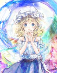  1girl :o alternate_costume belt blonde_hair blue_eyes blue_shirt blush bow brown_belt collarbone commentary_request hat highres long_hair maribel_hearn mob_cap open_mouth purple_skirt shirt skirt solo sparkle star_(sky) strap swept_bangs tagme touhou uwazumi white_bow white_hat 