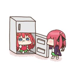 2girls akino_ell black_ribbon blue_eyes collared_shirt colored_shadow commentary_request faceless faceless_female go-toubun_no_hanayome green_skirt hair_ornament hair_ribbon in_container in_refrigerator jacket long_hair multiple_girls nakano_itsuki nakano_nino no_shoes open_clothes open_jacket pleated_skirt purple_hair purple_jacket red_hair refrigerator ribbon shadow shirt short_sleeves simple_background sitting skirt socks standing star_(symbol) star_hair_ornament sweater_vest two_side_up very_long_hair white_background white_shirt white_socks 