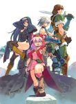  2boys 2girls animal_ears animal_hood black_eyes black_hair black_legwear blush boots bow_(weapon) breasts brown_hair cat_ears cat_hood character_request cleavage gloves habit hood long_hair looking_at_viewer multiple_boys multiple_girls nomura_ryouji pink_hair pink_legwear silver_hair smile sword thighhighs weapon 