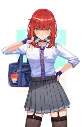 1girl absurdres bag black_skirt black_thighhighs braid fate/grand_order fate/strange_fake fate_(series) fingerless_gloves fujimaru_ritsuka_(female) gloves hair_bun hair_ribbon highres hippolyta_(fate) jewelry kaworu13 looking_at_viewer neck_ring necktie open_mouth red_hair ribbon school_bag school_uniform short_hair sidelocks skirt solo star_(symbol) thigh-highs yellow_eyes 