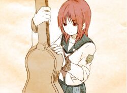  1girl angel_beats! blue_sailor_collar blue_skirt closed_mouth commentary_request cowboy_shot eyes_visible_through_hair guitar_case hair_between_eyes hands_up instrument_case iwasawa_masami light_smile long_sleeves looking_at_object medium_hair negiko123123 pleated_skirt red_eyes red_hair sailor_collar sailor_shirt shinda_sekai_sensen_uniform shirt simple_background sketch skirt solo split_mouth straight_hair white_shirt 