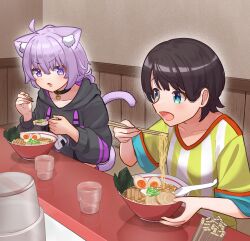  2girls ahoge animal_ears black_hoodie blue_eyes brown_hair cat_ears cat_girl cat_tail chopsticks commentary_request food highres holding holding_chopsticks hololive hood hoodie looking_at_viewer morotade_kudou multiple_girls nekomata_okayu nekomata_okayu_(1st_costume) noodles oozora_subaru oozora_subaru_(1st_costume) open_mouth purple_hair ramen shirt short_hair tail violet_eyes virtual_youtuber yellow_shirt 