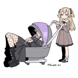 2girls bang_dream! bang_dream!_our_notes black_dress blush boots brown_dress brown_hair closed_mouth commentary dress fishnet_pantyhose fishnets guagua977 long_hair multiple_girls off-shoulder_dress off_shoulder pacifier pantyhose platform_boots pushing_stroller shinomiya_shizuku simple_background two_side_up untranslatable_commentary violet_eyes white_background yakura_yomogi 