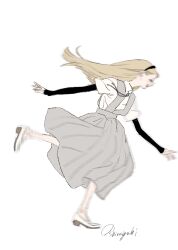  1girl ^_^ black_hairband blonde_hair bolo_tie closed_eyes collared_shirt commentary dress falling from_side full_body fuyuki_manon_(gomibako_(gomibako_price)) gomibako_(gomibako_price) grey_dress grey_skirt hair_behind_ear hair_pulled_back hairband highres layered_sleeves long_hair long_sleeves motion_blur open_mouth original pinafore_dress profile shirt shoes short_over_long_sleeves short_sleeves signature simple_background skirt sleeveless sleeveless_dress smile solo untranslatable_commentary white_background white_shirt white_shoes 