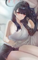  1girl bare_arms bare_legs bed_sheet black_hair black_halo black_shorts blue_archive blunt_bangs blunt_ends breasts closed_mouth halo hand_in_own_hair highres large_breasts long_hair looking_at_viewer multicolored_halo on_bed pillow red_halo shorts sideways solo tank_top thigh-highs two-tone_halo white_tank_top yoco0917 