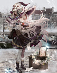  1girl berry boat boots capelet commentary_request dress expressionless floating_hair flower_wreath full_body hat highres komorihikki lolita_fashion long_hair looking_at_viewer multicolored_hair original outdoors parted_lips photo_(object) red_hair river sky snow snowing solo suitcase town two-tone_hair violet_eyes watercraft white_hair wind winter witch_hat 