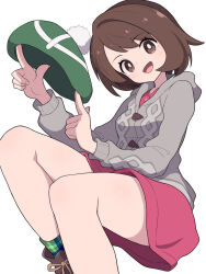  1girl boots breasts brown_boots brown_eyes brown_hair cable_knit cardigan dress gloria_(pokemon) green_hat green_socks grey_cardigan hat hiyoshipow holding holding_unworn_clothes holding_unworn_hat hood hooded_cardigan long_sleeves looking_at_viewer open_mouth pink_dress plaid_clothes plaid_socks pokemon pokemon_sword_and_shield short_hair simple_background small_breasts smile socks tam_o'_shanter unworn_hat unworn_headwear white_background 