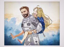  1boy 1girl :d barefoot beard blonde_hair blue_coat border brown_hair carrying closed_eyes coat commentary_request diana_(pragmata) facial_hair from_side full_beard hand_on_another's_knee hand_up highres hugh_williams long_hair long_sleeves open_mouth padded_coat piggyback pragmata puffy_long_sleeves puffy_sleeves saku39_(skb318) short_hair smile spacesuit teeth turning_head upper_body upper_teeth_only white_border 