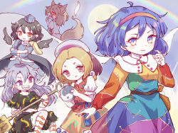  5girls :d @_@ ahoge animal_ears arm_bow arm_ribbon armor bag belt black_hair black_shirt black_skirt black_wings blonde_hair blue_dress blue_eyes blue_hair blue_hat blunt_tresses bow breasts brown_bag brown_belt cape cloud_print coat commentary_request crossed_arms day dot_nose dress feathered_wings fox_ears fox_girl fox_tail green_ribbon grey_hair grin hair_between_eyes hairband hand_up hat headpiece highres himemushi_momoyo holding holding_orb holding_shovel iizunamaru_megumu jewelry kudamaki_tsukasa long_hair long_hair_between_eyes long_sleeves looking_at_another looking_at_viewer magatama magatama_necklace medium_hair multicolored_dress multicolored_hairband multiple_girls necklace open_mouth orange_bow orange_eyes orange_ribbon orb outline patchwork_clothes patterned_clothing pauldrons pointy_ears profile puffy_short_sleeves puffy_sleeves rainbow rainbow_gradient rainbow_hairband rainbow_order red_eyes red_vest rekishitai_hoonoji ribbon romper sash sharp_teeth shirt short_hair short_sleeves shoulder_armor shoulder_guard shovel single_pauldron skirt sky_print sleeve_ribbon sleeveless sleeveless_coat small_breasts smile sun surcoat tail tamatsukuri_misumaru teeth tengu tenkyuu_chimata tokin_hat touhou two-sided_cape two-sided_fabric unconnected_marketeers v-shaped_eyebrows vest waist_sash white_cape white_outline white_romper white_shirt wings yellow_skirt yin_yang yin_yang_orb 