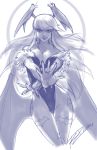  1girl bare_shoulders bat_wings breasts bridal_gauntlets cleavage cropped_legs demon_girl head_wings large_breasts leotard long_hair monochrome morrigan_aensland outstretched_arms pantyhose robert_porter signature sketch solo succubus thigh_gap vampire_(game) wings 