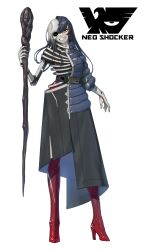  1girl arm_at_side belt black_belt black_hair black_sclera boots clenched_teeth colored_sclera commentary cyborg eidenjyou1997 emblem english_commentary evil_grin evil_smile full_body genderswap genderswap_(mtf) grey_hair grin high_heel_boots high_heels highres holding holding_staff kamen_rider long_hair looking_at_viewer mismatched_sclera monster_girl multicolored_hair neo_kamen_rider open_hand red_boots shocker_(kamen_rider) simple_background smile solo staff standing teeth thigh_boots white_background yellow_eyes zombieda 