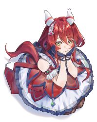  1girl 5sen5sen animal_ears black_gloves black_pantyhose blush breasts commentary_request dress ear_covers feather_hair_ornament feathers gem gloves green_eyes green_gem hair_between_eyes hair_ornament hands_on_own_cheeks hands_on_own_face highres horse_ears horse_girl horse_tail long_hair looking_at_viewer low_twintails open_mouth pantyhose red_dress red_hair simple_background small_breasts smile solo tail twintails umamusume win_variation_(dramatic_tutu)_(umamusume) win_variation_(umamusume) 
