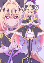  1girl absurdres antenna_hair black_bow black_bowtie black_capelet black_dress black_shoes black_thighhighs blonde_hair blush bow bowtie brooch capelet closed_mouth commentary_request cure_arcana_shadow diamond_hairband dress frilled_capelet frilled_cuffs frills full_body hair_between_eyes hair_intakes heart heart_brooch highres holding holding_staff jewelry long_hair looking_at_viewer magical_girl meitantei_precure! moria_luluka pink_eyes precure purple_veil reimei_(r758120518) shoes smile staff tear_arcana_rod thigh-highs veil very_long_hair wrist_cuffs zoom_layer 