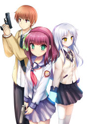  1boy 2girls absurdres angel_beats! arms_at_sides black_necktie black_pants black_skirt blue_sailor_collar blue_skirt blunt_bangs blush bow c: closed_mouth collared_shirt commentary_request cowboy_shot dual_wielding expressionless eyes_visible_through_hair fighting_stance frown green_bow green_eyes gun hair_between_eyes hair_bow hairband hand_sonic handgun hands_up highres holding holding_gun holding_weapon jacket kneehighs long_hair long_sleeves looking_at_viewer looking_to_the_side making-of_available medium_hair miniskirt multiple_girls nakamura_yuri neck_ribbon neckerchief necktie open_clothes open_jacket orange_hair otonashi_yuzuru pants pink_neckerchief pleated_skirt ponytail purple_hair purple_hairband red_eyes ribbon sailor_collar sailor_shirt school_uniform shirt short_hair short_ponytail sidelocks simple_background skirt smile socks split_mouth sweatdrop tachibana_kanade tsutsusaku_poyoyo weapon white_background white_hair white_shirt white_socks yellow_eyes yellow_jacket yellow_ribbon 