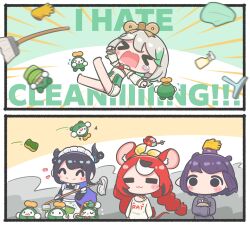  >_< 4girls =_= ^_^ absurdres alternate_costume animal_ears apron aqua_hair asymmetrical_horns black_hair blue_hair blush_stickers bottle cecilia_immergreen cecilia_immergreen_(1st_costume) chalk closed_eyes commentary crossed_arms english_commentary enmaided grey_hair hair_ribbon hakos_baelz hakos_baelz_(sleepwellbae) highres hololive hololive_english horn_ornament horns long_hair low_twintails maid maid_apron maid_headdress medium_hair mop mouse_ears mpien mr._squeaks_(hakos_baelz) multicolored_hair multiple_girls nail_(hardware) nerissa_ravencroft ninomae_ina'nis ninomae_ina'nis_(casual) otomo_(cecilia_immergreen) pointy_ears purple_hair red_hair ribbon rock spray_bottle squeegee streaked_hair tail tail_ornament tail_ribbon takodachi_(ninomae_ina'nis) tantrum tentacle_hair twintails two-tone_hair virtual_youtuber winding_key 