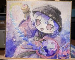  1girl :d black_hat bowl bowl_hat commentary_request fumoteria hat highres japanese_clothes kimono looking_at_viewer miracle_mallet open_mouth photo_(medium) purple_hair red_eyes red_kimono sash short_hair smile solo sukuna_shinmyoumaru touhou traditional_media 
