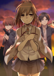  1girl 2boys :/ absurdres ahoge alternate_costume angel_beats! antenna_hair backlighting black_hair black_jacket black_pants black_skirt brown_eyes brown_hair closed_mouth collared_shirt commentary_request cowboy_shot dress_shirt eyelashes fighting_stance floating_hair frown fujimaki_(angel_beats!) gakuran green_eyes grey_eyes gun handgun hands_up highres hisako_(angel_beats!) holding holding_gun holding_weapon jacket jacket_on_shoulders long_hair looking_at_viewer miniskirt multiple_boys neck_ribbon negiko123123 ooyama_(angel_beats!) open_clothes open_jacket outdoors pants parted_bangs parted_lips pleated_skirt ponytail ribbon school_uniform shirt short_hair skirt sunset tsurime upturned_eyes v-shaped_eyebrows weapon white_shirt yellow_jacket yellow_ribbon 